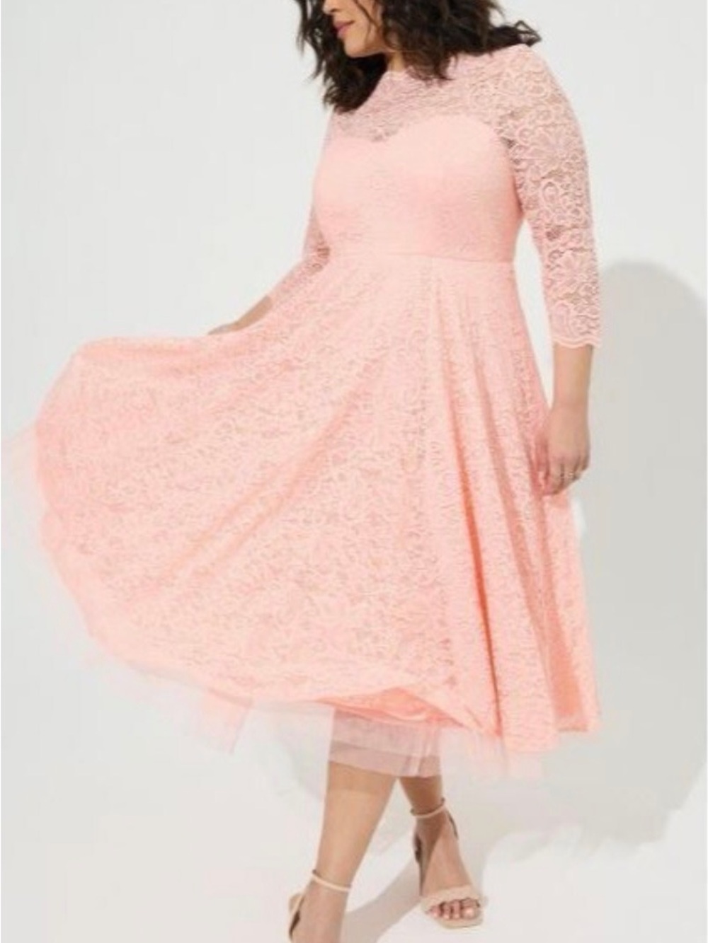 torrid Peach Pink Lace Midi Dress with Three-Quarter Sleeves